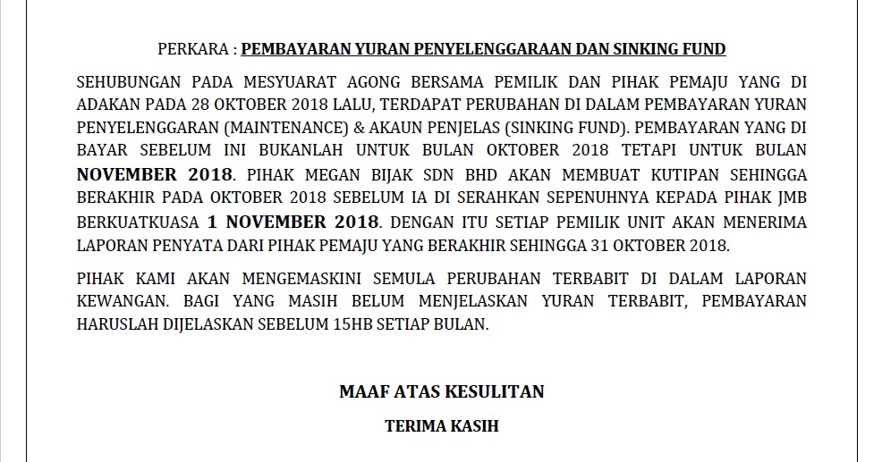 JMB CAMELIA COURT DESA PUTERI MEMO Maintenance Fees & Sinking Fund