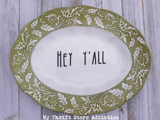How to repurpose a vintage dish into a fun southern welcome sign in less than 15 minutes! Repurposed vintage dish southern welcome sign