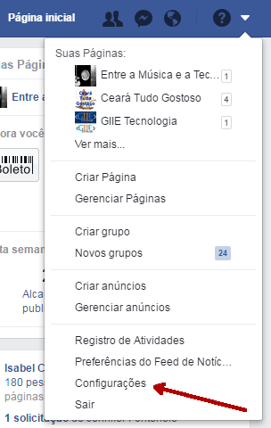 configurações do facebook