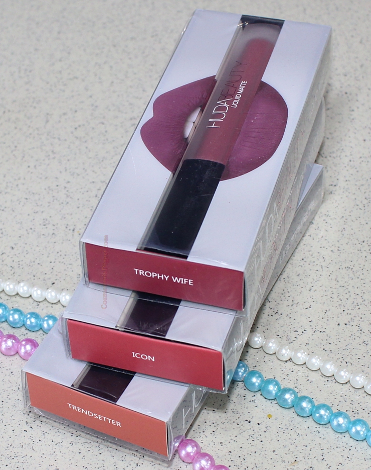 Review and swatches of Huda Beauty Liquid Matte Lipsticks in Trendsetter, Trophy Wife and Icon