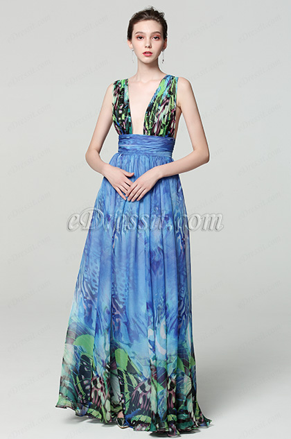 blue v cut printed floral women party dress