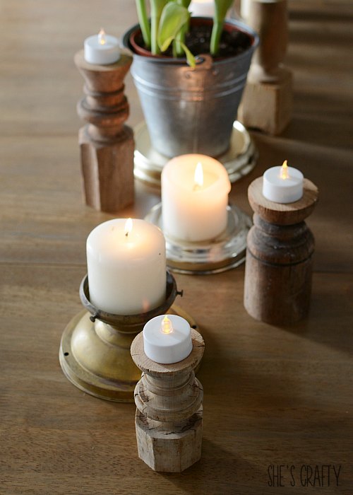 How to use repuposed metal and wooden spindles to make candle holders