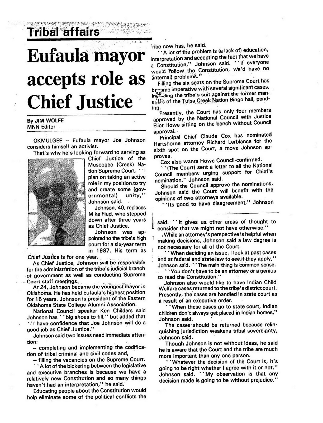 Joe Johnson Eufaula, Oklahoma Chief Justice