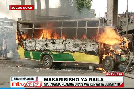 The police were today served with much more than they could handle after NASA supporters making their entry into Mombasa Road burnt their lorry alongside a Kayole bound bus.
