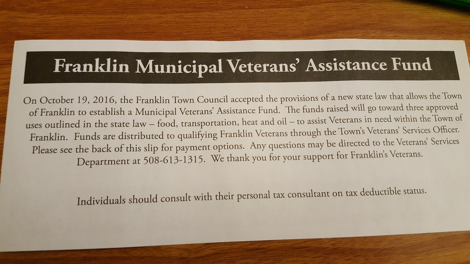 Franklin Matters Franklin Veterans Municipal Assistance Fund