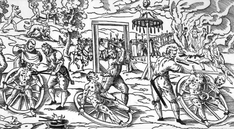 This woodcut (creator unknown) shows the 1589 execution of Peter Stumpp accused of lycanthropy. In the top left a wolf attacks a child. Below that a man with a sword fights a wolf. In the centre Stumpp's flesh is torn with red hot pincers while he is bound to a wheel. In the middle, the blunt side of an axe is used to break Stumpp’s bones. On the right, Stumpp is beheaded. Above that, Stumpp’s body is dragged away to be burnt. In the fire is Stumpp’s daughter and mistress, each tied to a stake, being burnt alive with Stumpp’s headless body between them. This woodcut (creator unknown) shows the 1589 execution of Peter Stumpp accused of lycanthropy. In the top left a wolf attacks a child. Below that a man with a sword fights a wolf. In the centre Stumpp's flesh is torn with red hot pincers while he is bound to a wheel. In the middle, the blunt side of an axe is used to break Stumpp’s bones. On the right, Stumpp is beheaded. Above that, Stumpp’s body is dragged away to be burnt. In the fire is Stumpp’s daughter and mistress, each tied to a stake, being burnt alive with Stumpp’s headless body between them.