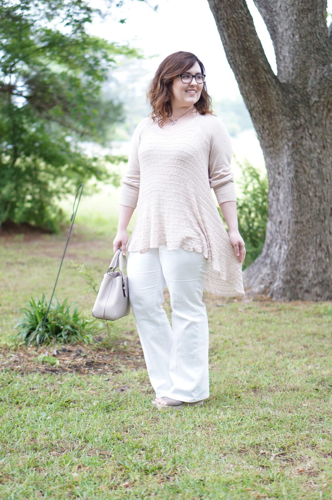 Rebecca Lately Lace and Grace Sweater The Flourish Market Steve Madden Jaylen Wedges Ann Taylor Flared White Jeans Kate Spade Cove Provence