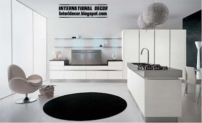 modern white kitchen designs and ideas, white kitchen cabinets and black rugs