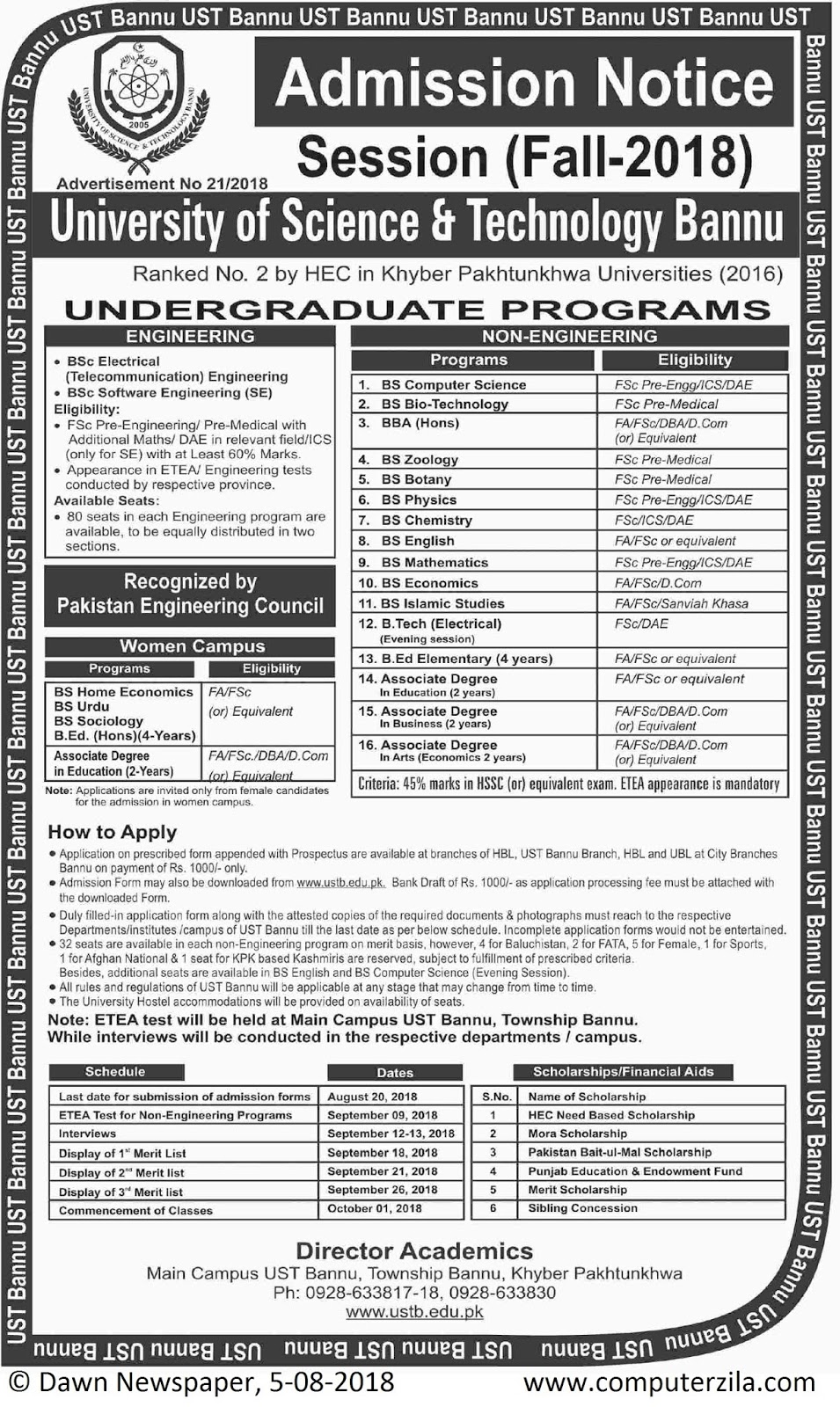 Admissions Open For Fall 2018 At USTB Bannu Campus