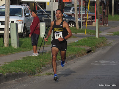 Chris Haynes heading for the finish line of the 2018 Palace Saloon 5K and a second place, 15:21 performance. Chris Haynes
