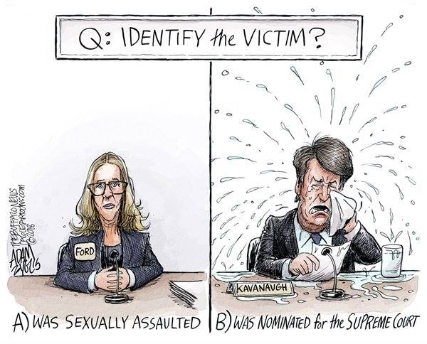 Title:  Q.  Identify the Victim.  Frame One:  Christine Blasey Ford testifying in a dignified manner, captioned 