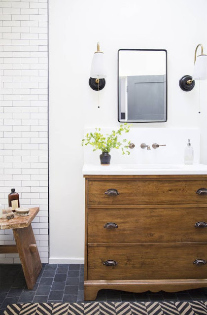white bathroom, wood vanity