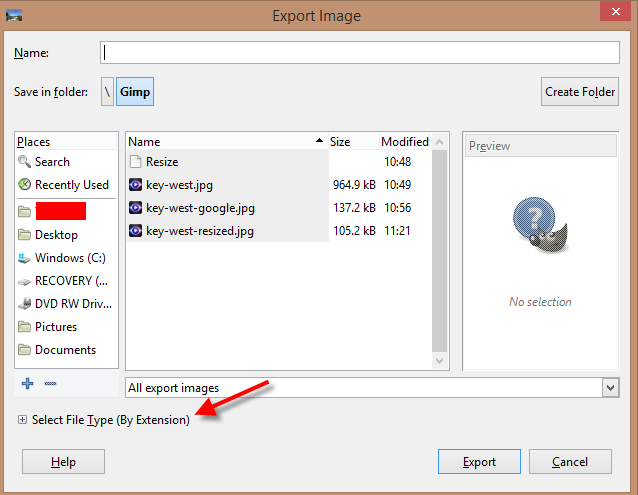 GIMP export image dialog
