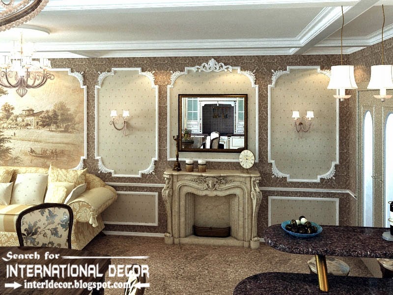 classic English style in the interior, English interior wall moldings and fireplace