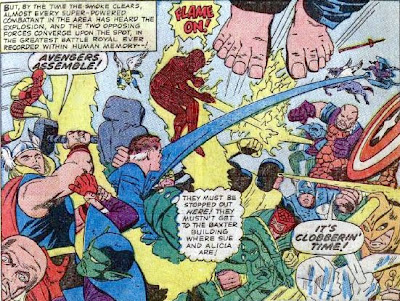 virtually everyone in the Marvel universe vs virtually everyone else in it, the wedding of Reed and Sue, the Fantastic Four, Jack Kirby