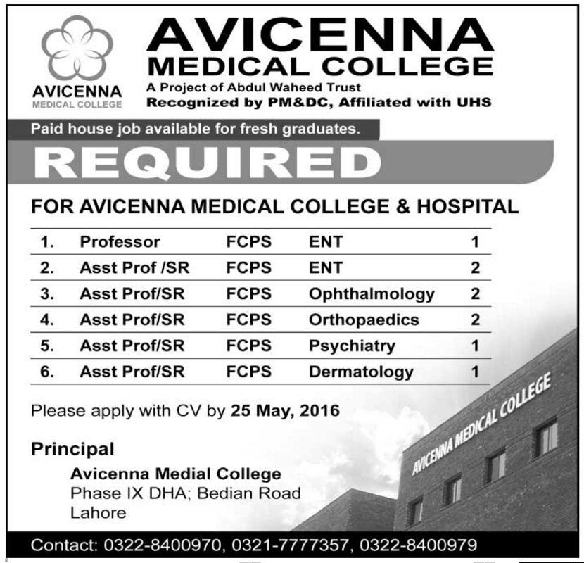 Medical Teaching Faculty Jobs in Avicenna Medical College Lahore