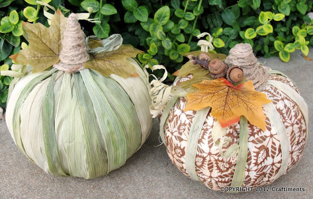 Craftiments:  Cornhusk and Fabric Decoupaged Pumpkins