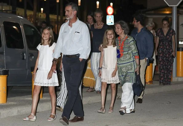 King Felipe, Queen Letizia, Infanta Sofia, Queen Sofia, Infanta Elena at a dinner in Palma. Princess Leonor and Sofia wore Mango Dress from 2015 collection