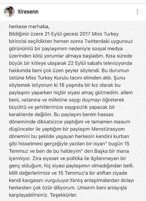 Miss Turkey Birincisi Itır Esen 15 Temmuz Şehitler Gününü Kutlamak Adına Sabahında Regl Oldum tweeti