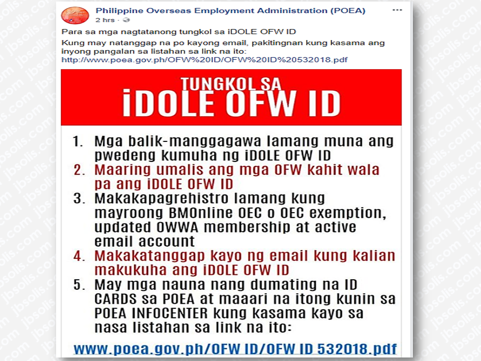 Important Reminders Regarding OFW ID From POEA