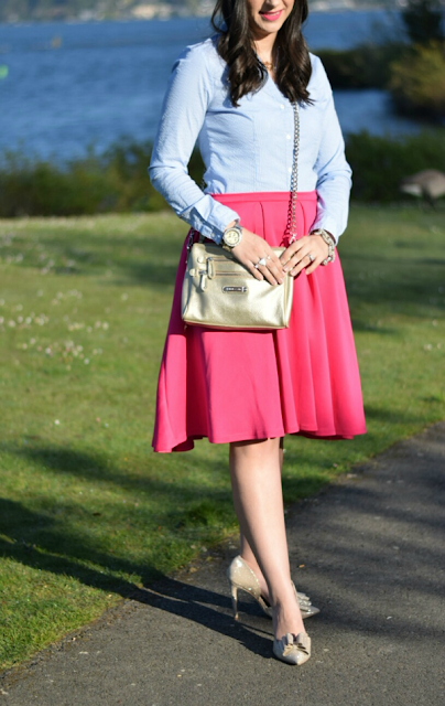 Wear Pink Pleated Skirt and Oxford shirt to work