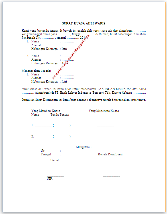 Contoh Surat Pernyataan Ahli Waris Download