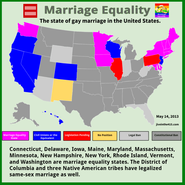 Marriage equality data map of the United States reflecting the state of gay marriage today 5/14/2013 jiveinthe415.com