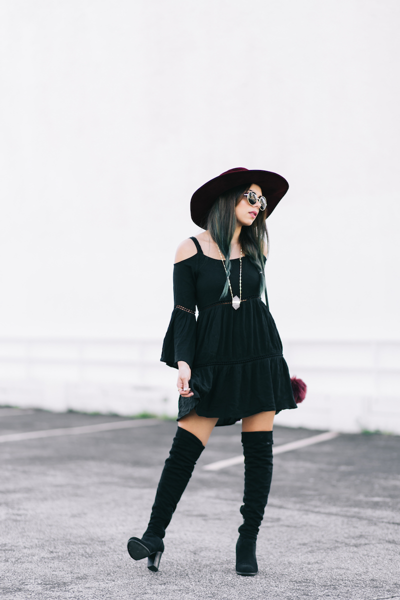 guess, boho, over the knee boots, lord and taylor, free people, burgundy hat, capwell, forever 21, round sunglasses, coordinates, miami, miami fashion blogger, 