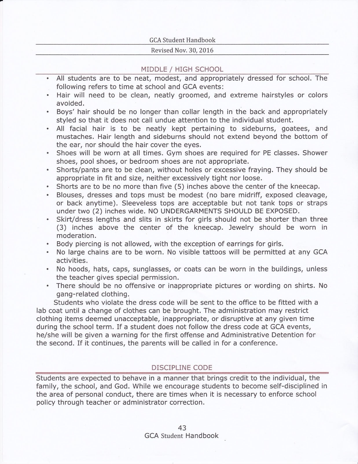 Grace Christian Academy Dress Code for MS and HS
