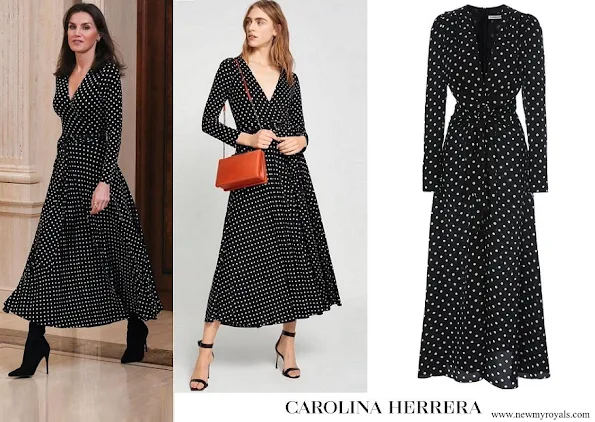 Queen Letizia wore Carolina Herrera Polka Dot Silk Shirt Dress