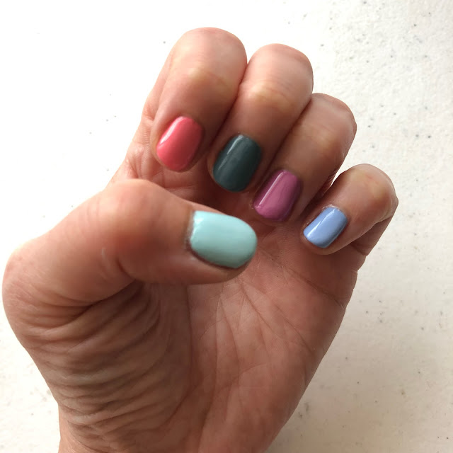 #ManiMonday, Jamie Allison Sanders, manicure, nails, nail polish, nail varnish, nail lacquer, Rainbow Brite nails, multicolor manicure, Essie Bikini So Teeny, Essie Mint Candy Apple, Deborah Lippmann Wild Orchid, Deborah Lippmann Can't Stop The Feeling!, OPI Alpaca My Bags