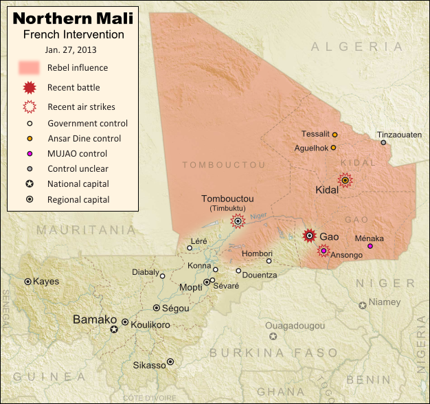 Updated map of fighting and territorial control in Mali during the January 2013 French intervention against the Islamist forces of Ansar Dine and MUJAO. Reflects the Jan. 26-27 recapture of major northern cities Gao and Timbuktu by French and Malian forces.