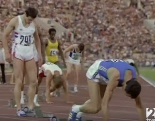 Pietro Mennea gets down to his mark at the start of his duel with Allan Wells (left) in the 1980 Moscow final