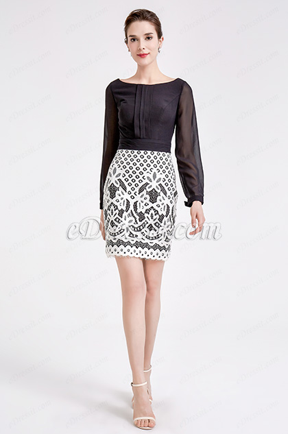 Black &White Chiffon Lace Blouse Suit Dress