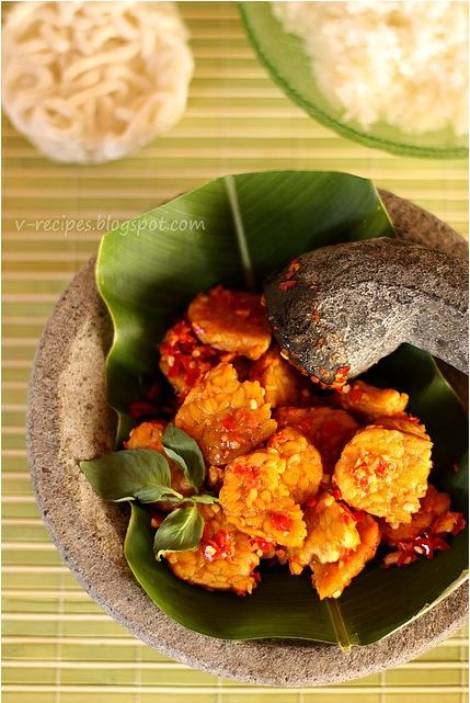 Indonesian food - Tempe Penyet (Lightly Mashed Tempe in a Hot Chili Sambal)