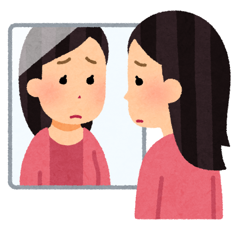 鏡を見る人のイラスト 悲しそうな女性