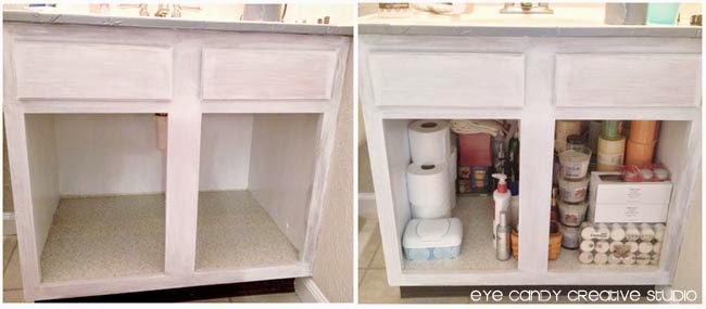 repainting bathroom cabinets, storage under bathroom sink, toiletries