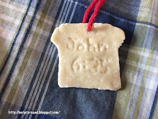 Bible verse necklace craft - the clay is made out of bread and glue with John 6:35 on the back