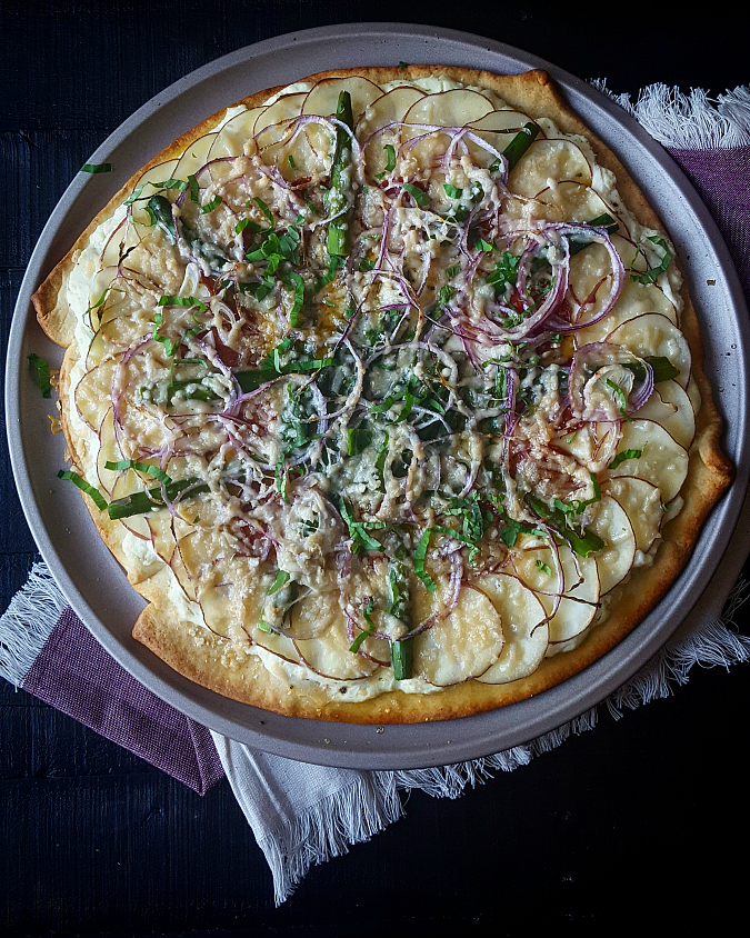 Mango & Tomato Ricotta, Potato & Asparagus Pizza Made With Oxo