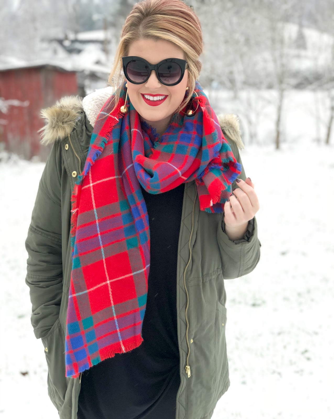 Red plaid scarf, green parka with fur