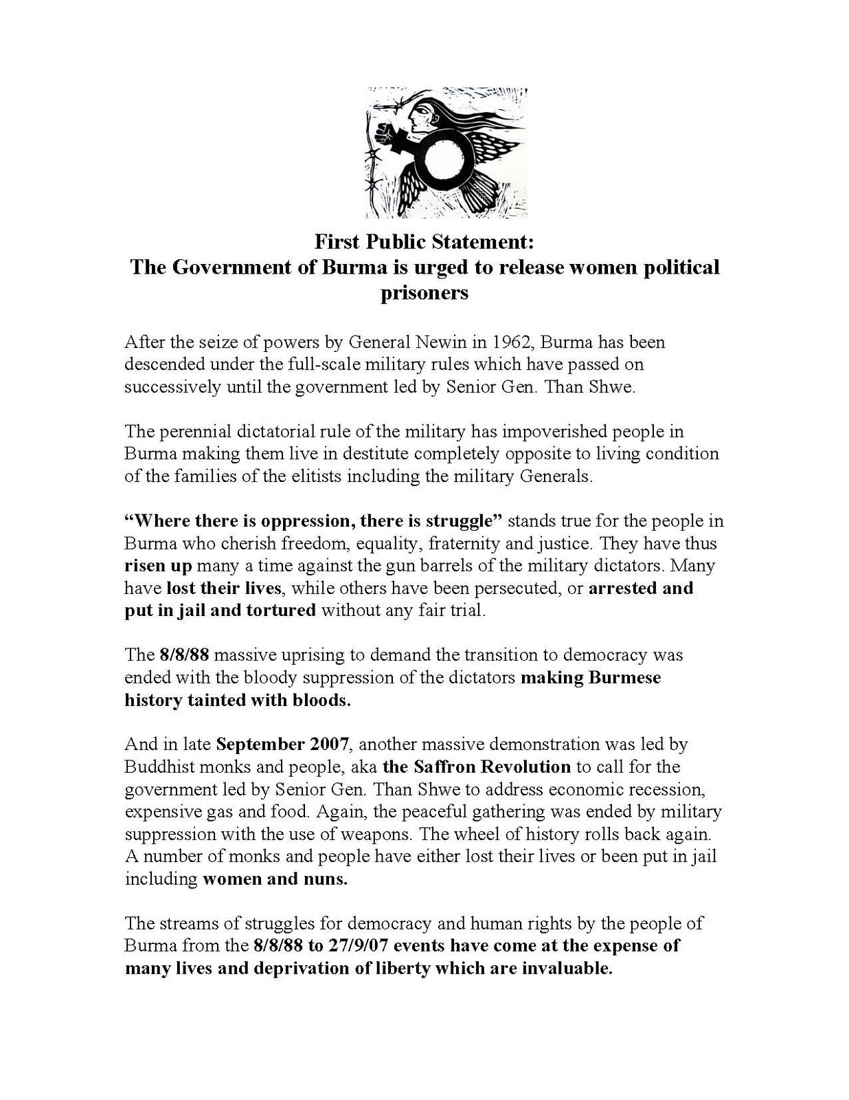 Release Women Political Prisoners in Burma Now First Public Statement