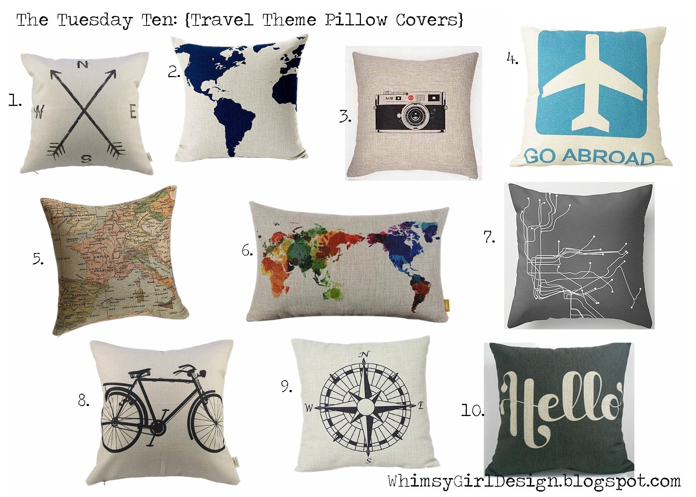 whimsy girl The Tuesday Ten {Travel Themed Pillow Covers}