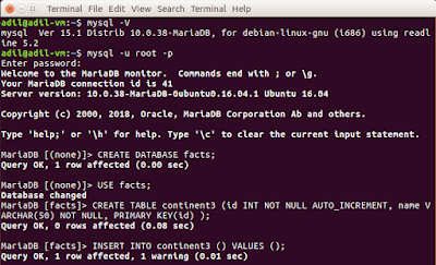 Figure 1: CREATE DATABASE, CREATE TABLE The figure shows MySQL CREATE DATABASE, CREATE TABLE, INSERT INTO commands and their outputs. OS is Ubuntu