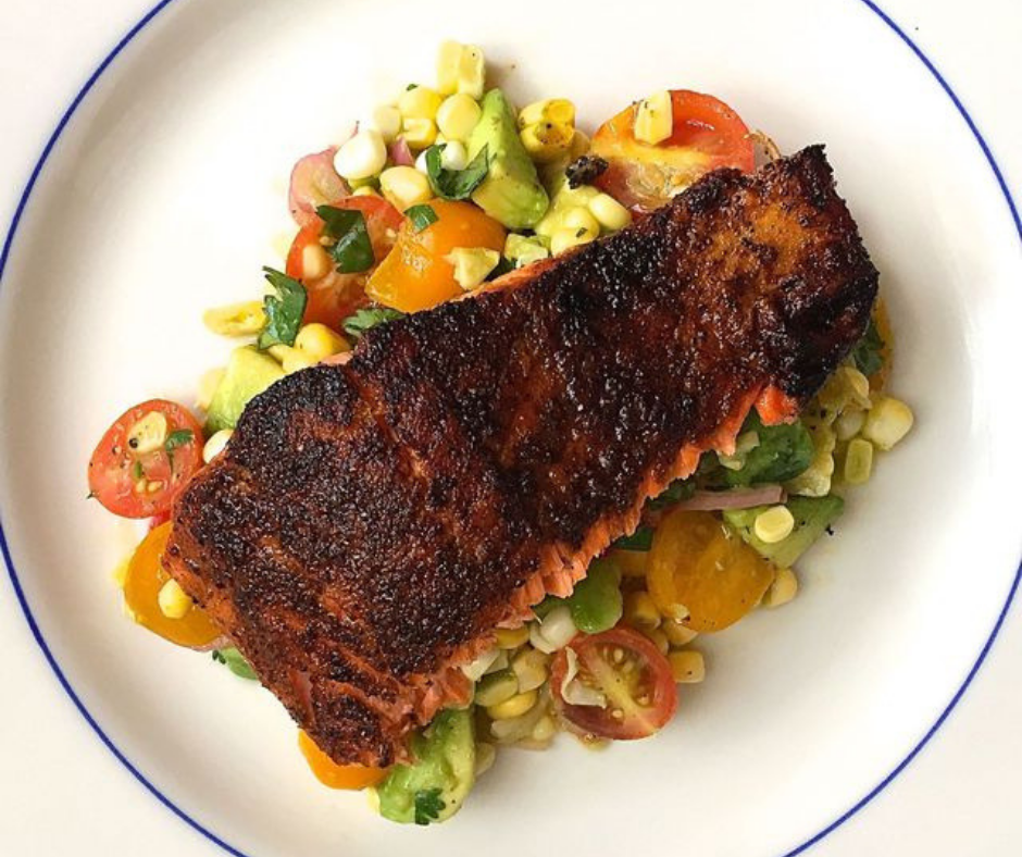Blackened Salmon with Corn, Tomato, and Avocado Salad Nabila Kitchen