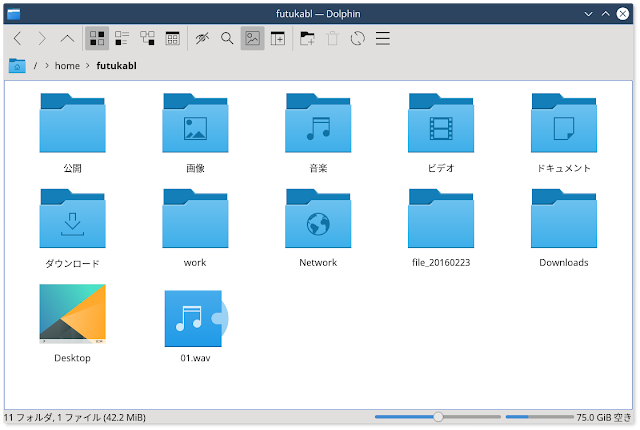 KDEの標準ファイルマネージャー、Dolphinです。Linux Netrunner 17.03 KDE Plasma 5.9