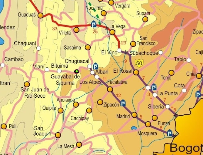 Ruta de viaje a Guayabal de Siquima.