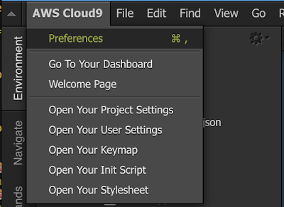 AWS Cloud9 Preferences Menu