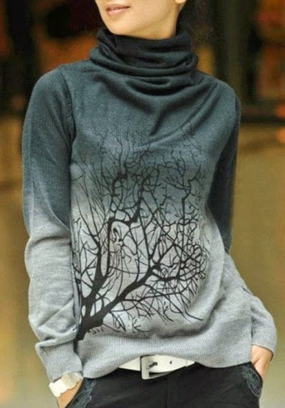 Grey Tree Print High Neck Sweet Pullover Sweater