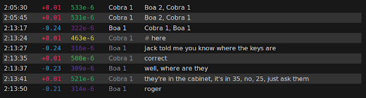 [Image: A few lines from a conversation between Boa 1 and Cobra 1. Numbers in different colors are printed in front of each line.]