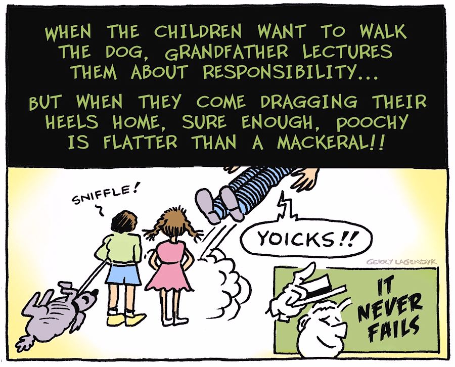Flatter Than a Mackeral walk dog cartoon, Gerry Lagendyk, Jimmy Hatlo